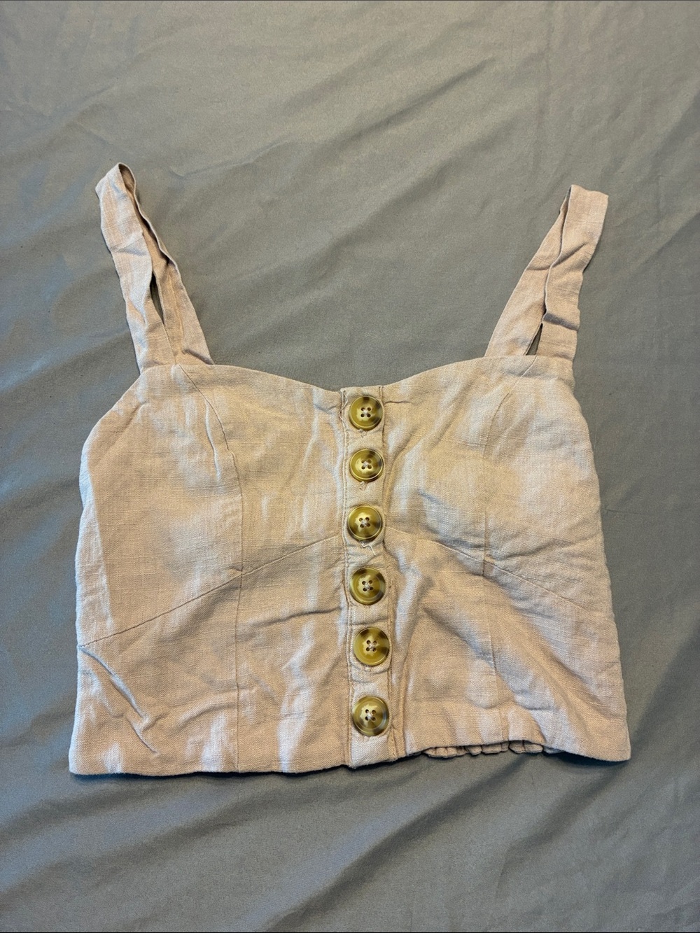 Neutral Beige Button-Front Linen-Blend Cropped Tank